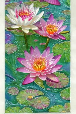 Waterlily flowers watercolor patchwork, fantasy, fantastic, no corners, Kandinsky dot line drawing, highly detailed, exquisitely intricate, beautiful, clear, high quality, colorful Modifiers: Ernst Haeckel Cathrine Abel