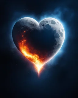 Moon in shape of realisitic heart, biological heart, cinematic, {abstract}, depression, space background, atmospheric, fire, DLSR, soft focus, dispersion