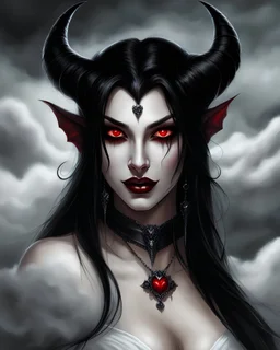 fantasy art, digital painting, a transparent succubus face ((in the clouds)), smirking, hate filled ((glowing red eyes)), vampire fangs, long silky black hair, beautiful face realistic face, white horns, wicked and evil, dark and gloomy atmosphere, close up, detailed, highres, fantasy, d&d, by Clyde Caldwell,