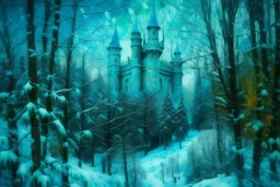 A cyan castle in a winter forest with falling snowflakes painted by Vincent van Gogh