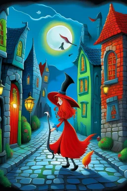 A little red-haired witch wearing a witchhat and holding a broom stick in her left hand is walking along an old paving-stone alley together with her colorful parrot flying next to her. Left and right hand are cute skewed witch's cottages, It's a full moon starry night a street sign says "Schwarze Petergasse", Mysterious