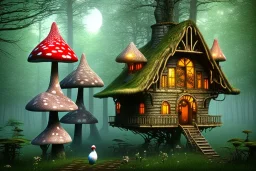 fly amanita house with windows in old forest connected by hanging bridge birds