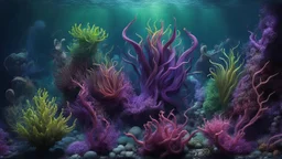 biom creatures, plants from subanautica from deep sea, leviathan's a lot of sea plants very deep, beautiful, river of magma, green and blue, purple