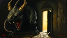 Oil painting, symbolism, dark and mysterious atmosphere, highly detailed beast with intricate patterns and textures, escaping through a door with light shining through it, by Hieronymus Bosch and Salvador Dali.