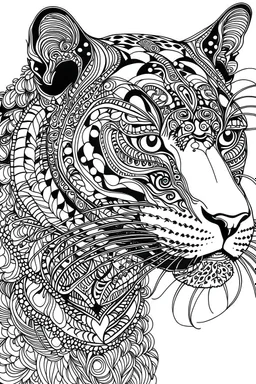 Coloring book of image leopard with intricate pattern style of inside of it, no colour,no shading,thick lines, clean lines art, plain art,sketchbook,drawing line art,monoline,no darking, line art,graphic design.