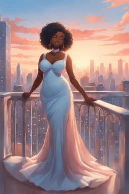 The scene opens onto a serene balcony overlooking a bustling city skyline. The sky above is painted in soft hues of blue and peach as the sun begins its descent, casting a warm glow over everything it touches. In the foreground stands a captivating figure, airbrush chibi cartoon curvy black woman exuding confidence and elegance. She is adorned in a flowing white knit maxi dress that hugs her curves in all the right places, accentuating her silhouette. Her choice of footwear is equally stunning