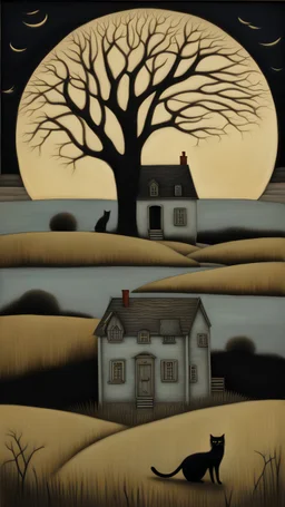 painting of a house in a field with a tree and a cat, inspired by Gertrude Abercrombie, southern gothic art, by Rei Kamoi, douglas smith, southern gothic scene, by George Morrison, on an empty moonlit hill, style of john kenn mortensen, sense of mystery and loneliness, by Dee Whitcomb, by Joy Garnett