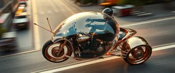 seen from above, tattoo style, motion blur, airbrush art, elon musk riding an awesome trike spaceship in copper, fast one in the shape of a transparent snail , now its gonna do an awesome gig , bokeh like f/0.8, tilt-shift lens 8k, high detail, smooth render, down-light, unreal engine, prize winning