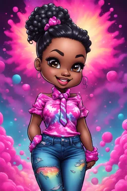 vibrant psychedelic comic book image, airbrush, 48k, cartoon art of a chibi curvy black female wearing torn jeans pants and a pink tie dye off the shoulder blouse. Prominent make up with lush lashes. Highly detailed sleek wavy ponytail