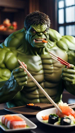 a hulk eating sushi with chopsticks, photo, 8K UHD, police