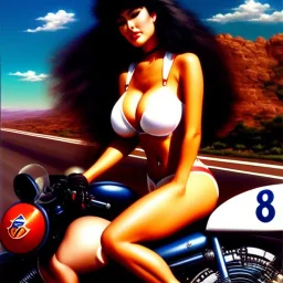 portrait of busty beautiful 'Female Rider on Shotaro Kaneda's Bike',painting by Earl Norem, simon Bisley, evan lee, 86-86, oil on canvas, cinematic composition, extreme detail,fit full head inside picture,8k