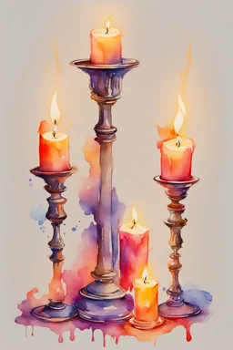 Watercolor candlestick with burning candles from the movie Beauty and the Beast on a light background