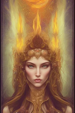 Create an image of a Wiccan Mayday Goddess. The goddess should be depicted as a beautiful and powerful figure, surrounded by symbols of the element of fire. Her hair should be long and flowing, and she should be dressed in a flowing gown or robe. In the background, include imagery of flowers, greenery, and perhaps a bonfire or other symbols of the Beltane celebration. The image should evoke a sense of joy, celebration, and spiritual connection to nature.