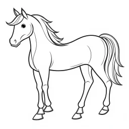 black and white drawing of cute horse outlined art bold, coloring book page for kids, simple classic cartoon style, 2D v4 q2