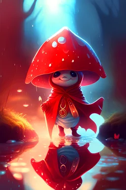 cute red magical mushroom , red cape, dagger, happy smile walking in the vilage , day , shiny , glow , reflection , water