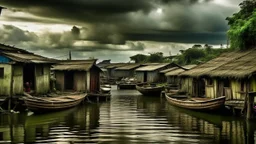 A serene yet slightly ominous scene of a floating shanty town on a tranquil lake. The wooden houses are connected by narrow, rickety bridges, providing a precarious living situation. The surrounding sky is filled with dark clouds, threatening rain and storms. Amidst the houses, small fishing boats navigate the waters, while fishermen cast their nets amongst the trees and aquatic plants. The overall atmosphere is a mixture of tranquility and looming danger.