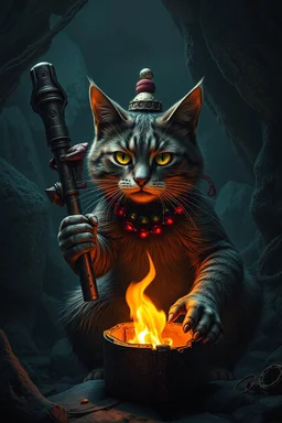 neanderthal strangle hold cyberpunk cat xmas with club and cave fire in the style of fallout 4