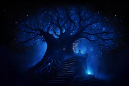 A hughe hollow tree with stairs, dark blue glowing light, fantasy, magic, dark, stars, sparkle