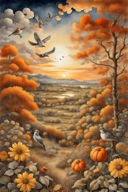 Art by joachim beuckelaer, Watercolor Vintage Style, vintage, full sunset, an ultra hd detailed painting of autumn, full moon, golden clouds, birds at the sky, decent wildflowers, orange and golden clouds, "art style that combines the elegance of line art with the vibrancy of watercolor wash. The artwork is highly detailed, with sharp focus and smooth transitions. The overall feeling is dynamic and highly polished, influenced by the works of Carne Griffiths, Wadim Kashim, an