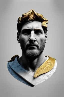 Ultra Realistic image, Roman sculpture, white marble material, Lionel Messi, gold Laurel leaves wreath, renaissance ornaments, one gold star in heart, chisel style, waist up portrait, epic, celestial, cinematic lighting, God light, god rays, 4k resolution, smooth details, ornate details, soft lighting, unreal engine 5, marble background.