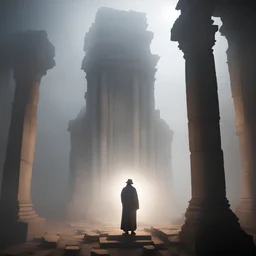 странник молится,храм,руины,туман,яркий свет