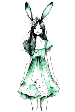 Watercolor black and white with mint dress bunny ears girl