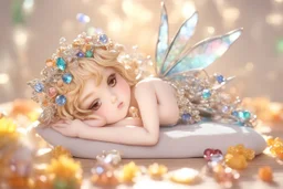 closeup, cute chibi sleeping fairy, Coloured glass flowers set with gemstones, glittering metal stems and gemstone leaves on a room table sharp focus elegant extremely detailed intricate very attractive beautiful dynamic lighting fantastic view crisp quality exquisite detail in the sunshine gems and jewels