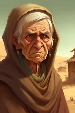 dnd, fantasy, high resolution, portrait, an old lady with a disgusted angry face demanding to speak with a manager,in a desert town