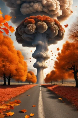 foreground with many falling leaves, behind is a nuclear explosion's mushroom cloud that looks more like a tree in fall, with explosion radiating outward, many leaves falling in foreground, ground is dirt and scorched with a road coming down the middle towards viewer, angelic fantastic lighting