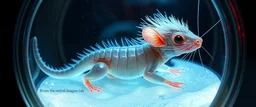 The image depicts a fantastical charming rat monkey squirrel snow soup, specifically a transparent with neon plasma aura, with a unique and whimsical appearance. The shrimp spider dragon is positioned in a circular frame, which suggests it might be inside a container or a vessel. The body is elongated and has a segmented appearance, with a detailed texture that gives it a realistic look. Its head is covered with white, spiky hair, adding to its fantastical charm. From the weird dragon lab.