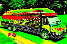 Captivating photo of a large truck full of variety of fresh fruits. The truck's exterior is adorned with an eye-catching "Fruits Express" logo. The fruits spill out of the truck, creating a large carpet of fruits on the grass, around them there are people from various backgrounds collecting the fruits with enthusiasm. The atmosphere is one of joy and happiness, with a clear summer sky.