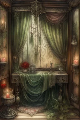 english watercolor, witch's boudoir, mirror, curtains, cobweb, filigree, dried flowers, textiles, candle, magical lighting effect, fairy tale illustration, fine drawing of details with colored pencils, grunge, high resolution, high detail, dark fantasy, dark botanical, beautiful, ISO 100, pixel graphics, hdr, emerald colors, beige, red, deep blue, umbra, grey, dusty rose, gold