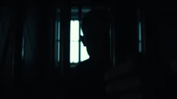 close up parallel prison window bars in foreground, dark prison cell behind him, hidden dark human face partially visible through the window bars, pale light, vertical shadows in background, ultra realistic, dark atmosphere, high contrasts, dark vibe, cinematic
