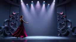 modern stage with gray-blue theme artistic decoration , color full dynamic lighting, a beautiful lady in modern maxy dark purple red dress with shining silver jwells dancing, 3D recursive fractal structure animating background