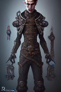 male quadriplegic evil dark elf wearing a steampunk exoskeleton powered by gears, in fantasy style