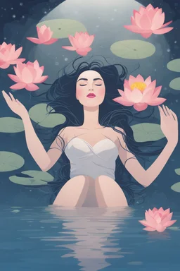 woman floating in water, top view, night time, lotus floating in water, freedom, bust up, sense of liberation