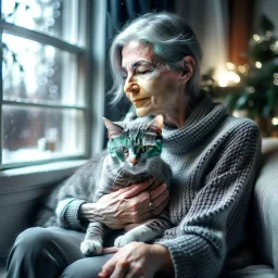 create a sleeping grey haired middle aged woman with chin length hair, sitting on a chair, in front of a window, holding her beloved gray and white tabby Oriental shorthair cat, also sleeping, in her arms. Serene peaceful calm. the snow falling outside