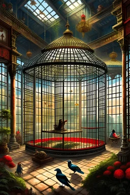 I need to create a fantasy, chinese style, non-realistic illustration, expressing the theme of freedom. The picture adopts a bird's-eye view. The main subject of the picture is a huge birdcage, and in the cage is a scene of a luxurious banquet. Outside the cage are scenes such as dilapidated beams. In the upper part of the painting, outside the cage, a sheet of feathers falls in the sacred overhead light