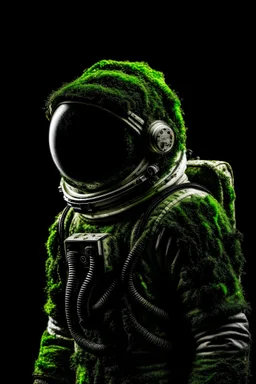 A moss covered astronaut with a black background