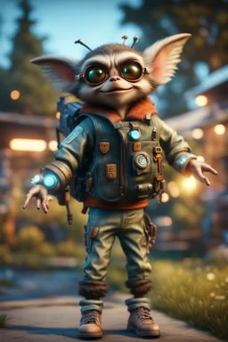 gremlins scout pimp hippie, hovering with glowing jets from rocket backpack in the backyard, in the style of a fallout 4,bokeh like f/0.8, tilt-shift lens 8k, high detail, smooth render, down-light, unreal engine, prize winning