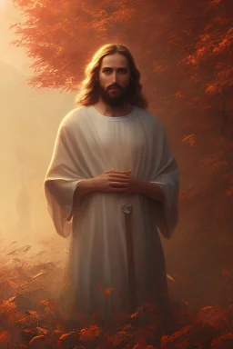 Jesus portrait at dawn oil painting by atey ghailan, golden light , white robe, angels background, volumetric light, high detail, red leaf tree, mountains in background, perfect