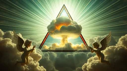 a nuclear explosion cloud(middle) framed from behind by a triangle of stained glass surrounded by radiant lines from the center, the wind and smoke from the explosion forming shapes of attractive dancing women and cherubs with small angel wings(left and right foreground) like cherubs in the clouds, religiose art, angelic light