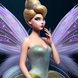 Tinker Bell fairy,detailed eyes, disturbed expression.intricate detaile,thnically accurate face, intricate head dress,intricate fairy dress, detailed hair, detailed feathers,fairy wings use dynamic palette, accurate proportions, high contrast black smokey bokeh background. d & d style.