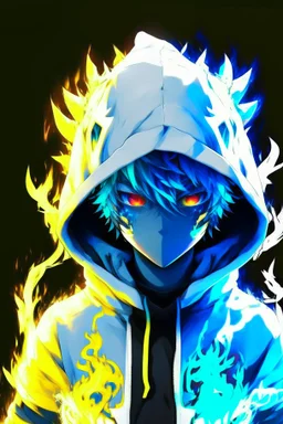 An anime boy who is a devil and wears a white and black hoodie with streaks of blue and light yellow colors, as well as an electronic and neon mask that only covers the front of his mouth with yellow and light blue colors, his eyes are yellow and The one is blue and they are neon, his back is surrounded by fire, and the fire is a combination of blue and yellow colors, and in his hands and beside him is a thunderbolt with blue and yellow colors.