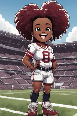 A sassy thick-lined comic book art cartoon image of a black chibi girl standing in front of a football stadium. She is wearing a University of South Carolina football jersey with tight white jeans and timberland boots. behind her curvy body. Looking up coyly, she grins widely, showing sharp teeth. Her poofy hair forms a mane framing her confident, regal expression. Prominent maekup with hazel eyes. Hair is highly detailed.