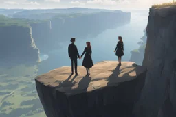 Only one guy and a girl are standing on the edge of a cliff and holding hands