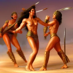 women gladiators fighting in arena, minimal attire, muscular, hard bodies, photo realistic, hyperdetailed, tan skin, full body view, mythical, intricate, elaborate, by boris vallejo, digital art, visual clarity, 8k --v 4