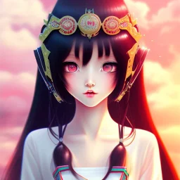 Japanese girl with big brown eyes and long black hair with bangs, cute, beautiful, kawaii, anime