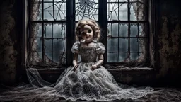 an old, dirty, worn (porcelain doll sitting in a beautiful lace dress) in a broken, dirty window, spiderweb, abandoned old room, dark surreal atmosphere, dull lights, dark colors sinister , surrealism, matte background