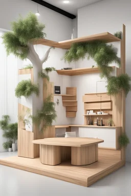 Corner exhibition stand in light colors with wood elements and greenery with two meeting areas